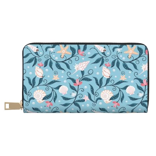 VOSERY Geldbörse Damen Leder Bifold Multi Card Wallet Seestern Muscheln Sea weed Damen Geldbörsen Lange Geldbörse von VOSERY