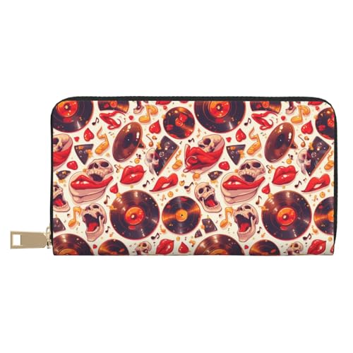 VOSERY Geldbörse Damen Leder Bifold Multi Card Wallet Skull Rock Schallplatte Musik Herz Damen Geldbörsen Lange Geldbörse von VOSERY