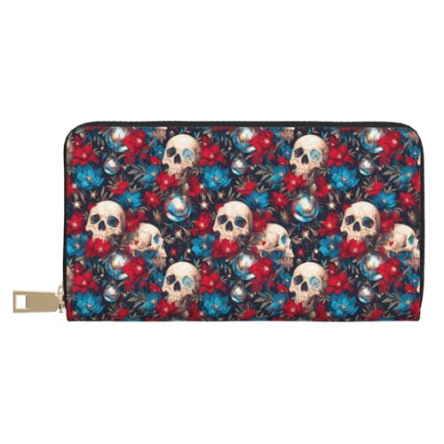 VOSERY Geldbörse Damen Leder Bifold Multi Card Wallet Skull Rot Blume Blau Damen Geldbörsen Lange Geldbörse von VOSERY
