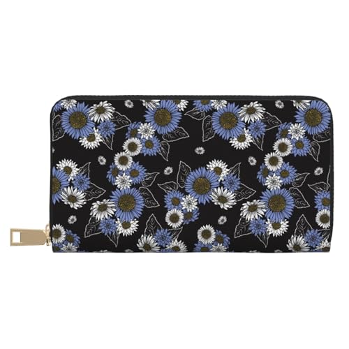 VOSERY Geldbörse Damen Leder Bifold Multi Card Wallet Sonnenblumen Blau Weiß Damen Geldbörsen Lange Geldbörse von VOSERY