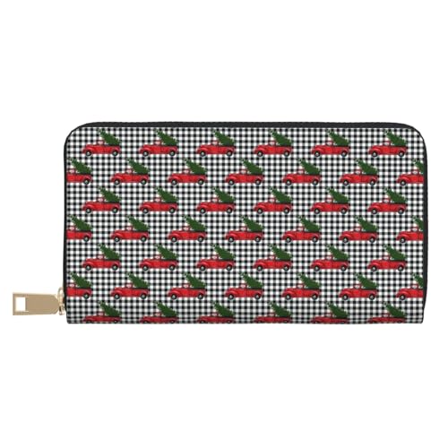 VOSERY Geldbörse Damen Leder Bifold Multi Card Wallet Weihnachten Rot LKW Baum Buffalo Plaid Damen Lange Geldbörse Geldbörsen von VOSERY