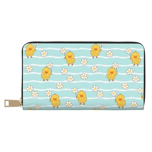VOSERY Geldbörse Damen Leder Bifold Multi Card Wallet Wellenmuster Süße Ente Gänseblümchen Damen Geldbörsen Lange Geldbörse von VOSERY