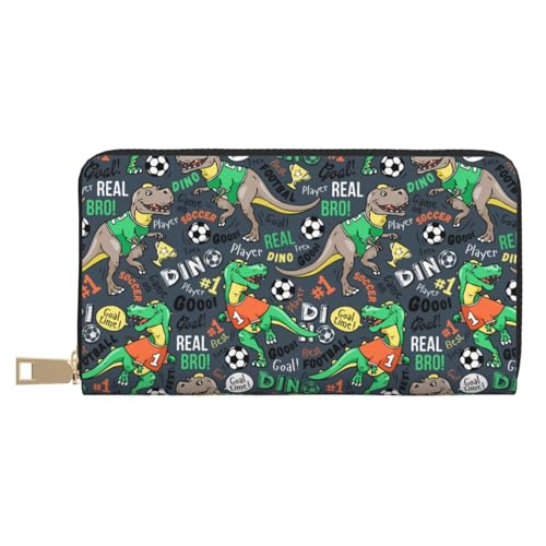 VOSERY Geldbörse für Damen, Leder, Bifold Multi Card Wallet, Dinosaurier spielt Fußball Damen Geldbörsen, lange Geldbörse von VOSERY