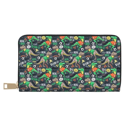 VOSERY Geldbörse für Damen, Leder, Bifold Multi Card Wallet, Dinosaurier spielt Fußball Damen lange Geldbörse von VOSERY