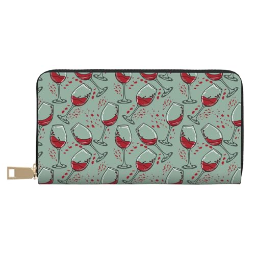 VOSERY Geldbörse für Damen, Leder, Bifold Multi Card Wallet, Weinglasdruck, lange Geldbörse für Damen von VOSERY
