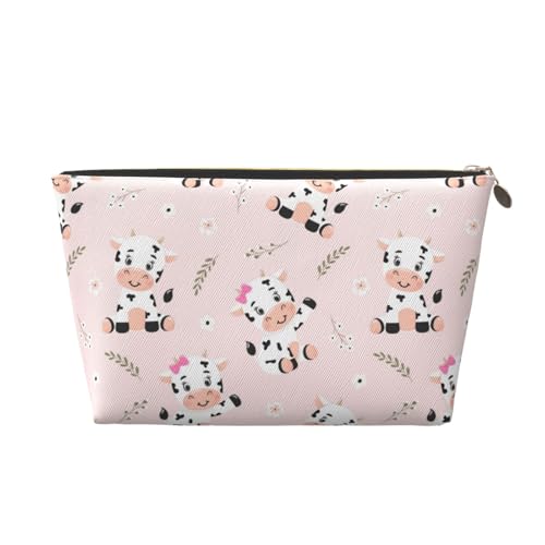 VOSERY Leder-Make-up-Tasche, Kosmetiktasche, Reise-Kulturbeutel für Damen, lässig, niedliche Kuh-Blumen-Blätter, Make-up-Tasche, Organizer, niedliche Make-up-Tasche, wasserdichte Make-up-Tasche von VOSERY