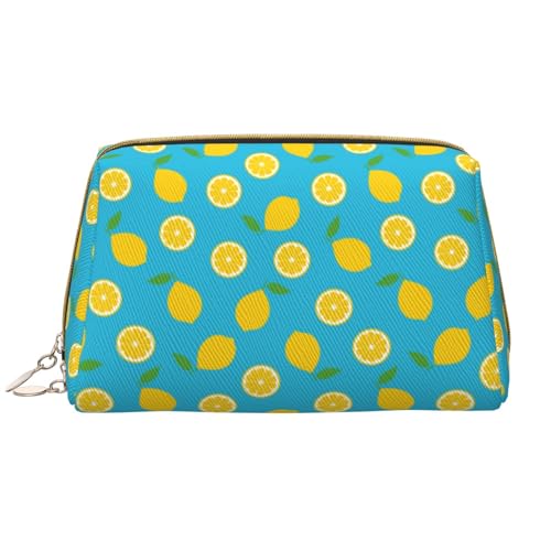 VOSERY Make-up-Tasche, Kosmetiktasche, Reise-Kulturbeutel für Damen, große Kapazität, Make-up-Tasche, Organizer, niedliche Make-up-Tasche, wasserdicht, aus Leder, Zitronen-Cyanblau von VOSERY