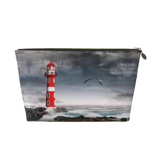 VOSERY Make-up-Tasche aus Leder, Kosmetiktasche, Reise-Kulturbeutel für Damen, 3D-Leuchtturm in der Brandung, Make-up-Tasche, Organizer, niedliche Make-up-Tasche, wasserdichte Make-up-Tasche von VOSERY