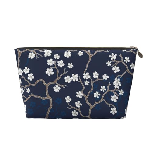 VOSERY Make-up-Tasche aus Leder, Kosmetiktasche, Reise-Kulturbeutel für Damen, Blüten auf marineblauem Hintergrund, Make-up-Tasche, Organizer, niedliche Make-up-Tasche, wasserdichte Make-up-Tasche von VOSERY