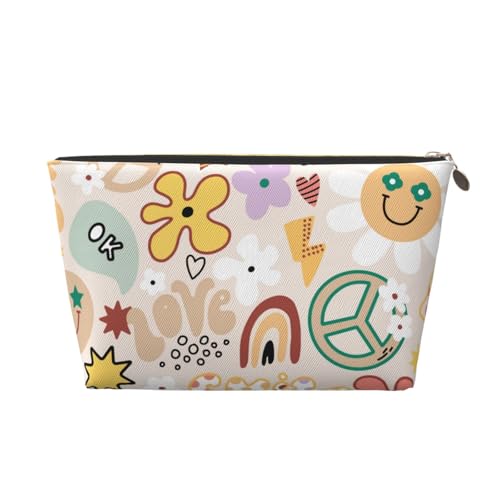 VOSERY Make-up-Tasche aus Leder, Kosmetiktasche, Reise-Kulturbeutel für Damen, Blumen, Regenbogenfarben, Friedenszeichen, Make-up-Tasche, Organizer, niedliche Make-up-Tasche, wasserdichte von VOSERY