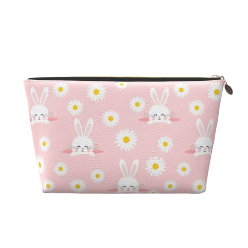 VOSERY Make-up-Tasche aus Leder, Kosmetiktasche, Reise-Kulturbeutel für Damen, Cartoon-Design, niedliches Kaninchen, Gänseblümchen, rosa Make-up-Tasche, Organizer, niedliche Make-up-Tasche von VOSERY