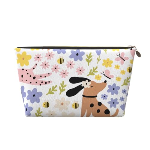 VOSERY Make-up-Tasche aus Leder, Kosmetiktasche, Reise-Kulturbeutel für Damen, Cartoon-Hunde und Blumen, Make-up-Tasche, Organizer, niedliche Make-up-Tasche, wasserdichte Make-up-Tasche von VOSERY