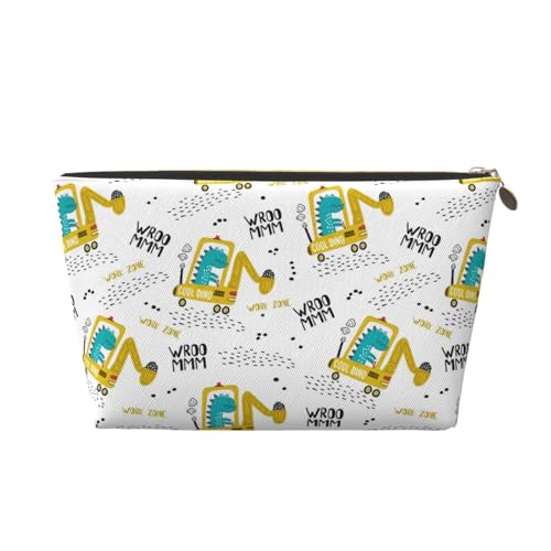 VOSERY Make-up-Tasche aus Leder, Kosmetiktasche, Reise-Kulturbeutel für Damen, Dinosaurier auf Bagger, Make-up-Tasche, Organizer, niedliche Make-up-Tasche, wasserdichte Make-up-Tasche von VOSERY