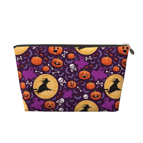 VOSERY Make-up-Tasche aus Leder, Kosmetiktasche, Reise-Kulturbeutel für Damen, Halloween, Hexe, Kürbisse, Make-up-Tasche, Organizer, niedliche Make-up-Tasche, wasserdichte Make-up-Tasche von VOSERY