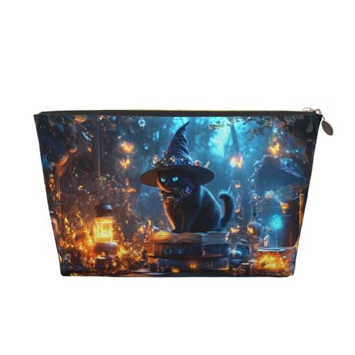 VOSERY Make-up-Tasche aus Leder, Kosmetiktasche, Reise-Kulturbeutel für Damen, Halloween, Hexenhut, Katze, Make-up-Tasche, Organizer, niedliche Make-up-Tasche, wasserdichte Make-up-Tasche von VOSERY