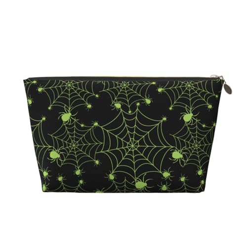 VOSERY Make-up-Tasche aus Leder, Kosmetiktasche, Reise-Kulturbeutel für Damen, Halloween, grünes Spinnennetz, Make-up-Tasche, Organizer, niedliche Make-up-Tasche, wasserdichte Make-up-Tasche von VOSERY