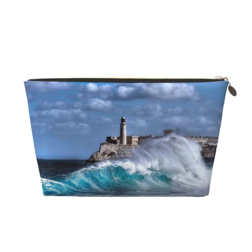 VOSERY Make-up-Tasche aus Leder, Kosmetiktasche, Reise-Kulturbeutel für Damen, Leuchtturm in Havanna, Make-up-Tasche, Organizer, niedliche Make-up-Tasche, wasserdichte Make-up-Tasche von VOSERY