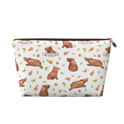 VOSERY Make-up-Tasche aus Leder, Kosmetiktasche, Reise-Kulturbeutel für Damen, Mandarine, Capybara-Druck, Make-up-Tasche, Organizer, niedliche Make-up-Tasche, wasserdichte Make-up-Tasche von VOSERY