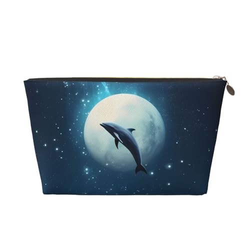 VOSERY Make-up-Tasche aus Leder, Kosmetiktasche, Reise-Kulturbeutel für Damen, Nachthimmel, Mond, Delfin, Make-up-Tasche, Organizer, niedliche Make-up-Tasche, wasserdichte Make-up-Tasche von VOSERY