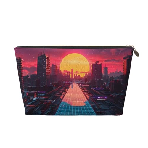 VOSERY Make-up-Tasche aus Leder, Kosmetiktasche, Reise-Kulturbeutel für Damen, Neon-Sonnenuntergang, Cyberpunk, Stadtbild, Make-up-Tasche, Organizer, niedliche Make-up-Tasche, wasserdichte von VOSERY