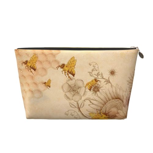 VOSERY Make-up-Tasche aus Leder, Kosmetiktasche, Reise-Kulturbeutel für Damen, Retro, handgezeichnete Honigbienen, Sonnenblumen, Make-up-Tasche, Organizer, niedliche Make-up-Tasche, wasserdichte von VOSERY