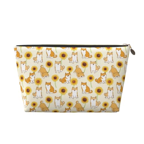 VOSERY Make-up-Tasche aus Leder, Kosmetiktasche, Reise-Kulturbeutel für Damen, Shiba Inu Sonnenblumen-Organizer, niedliche Make-up-Tasche, wasserdichte Make-up-Tasche von VOSERY