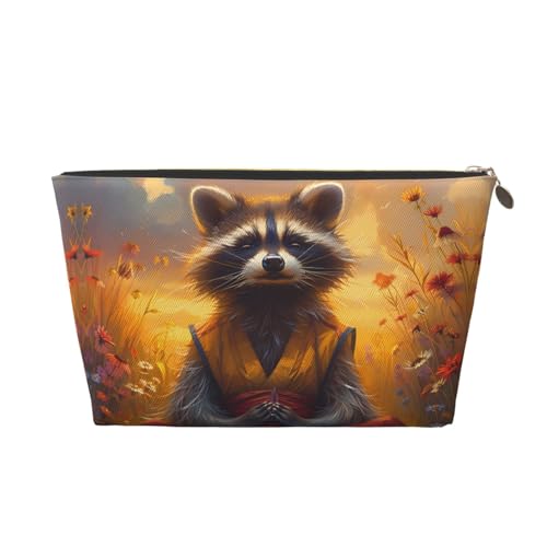 VOSERY Make-up-Tasche aus Leder, Kosmetiktasche, Reise-Kulturbeutel für Damen, Sonnenuntergang, Blume, meditierender Waschbär, Make-up-Tasche, Organizer, niedliche Make-up-Tasche, wasserdichte von VOSERY