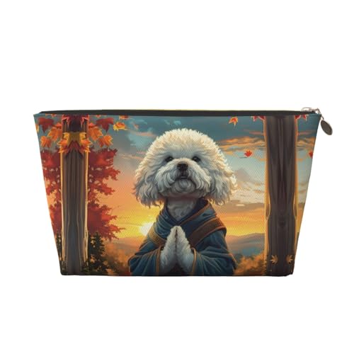 VOSERY Make-up-Tasche aus Leder, Kosmetiktasche, Reise-Kulturbeutel für Damen, Sonnenuntergang, meditierend, Bichon Frisé, Make-up-Tasche, Organizer, niedliche Make-up-Tasche, wasserdichte von VOSERY