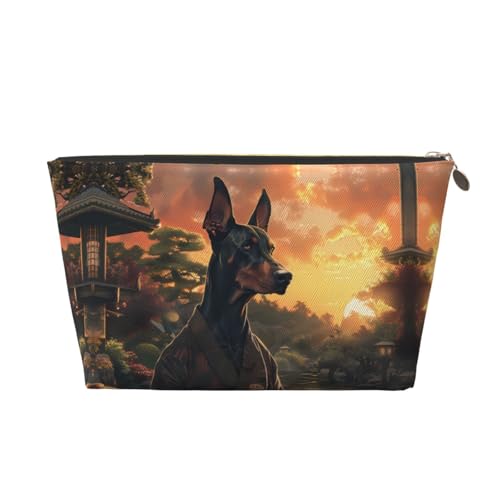 VOSERY Make-up-Tasche aus Leder, Kosmetiktasche, Reise-Kulturbeutel für Damen, Sonnenuntergang, meditierender Dobermann, Make-up-Tasche, Organizer, niedliche Make-up-Tasche, wasserdichte von VOSERY