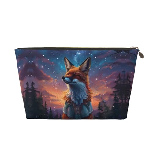 VOSERY Make-up-Tasche aus Leder, Kosmetiktasche, Reise-Kulturbeutel für Damen, Sternenhimmel, meditierender Fuchs, Make-up-Tasche, Organizer, niedliche Make-up-Tasche, wasserdichte Make-up-Tasche von VOSERY