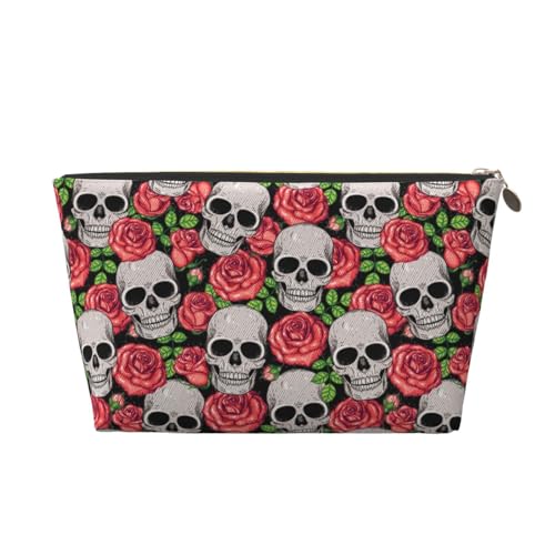 VOSERY Make-up-Tasche aus Leder, Kosmetiktasche, Reise-Kulturbeutel für Damen, Totenkopf und Rosen, Make-up-Tasche, Organizer, niedliche Make-up-Tasche, wasserdichte Make-up-Tasche von VOSERY
