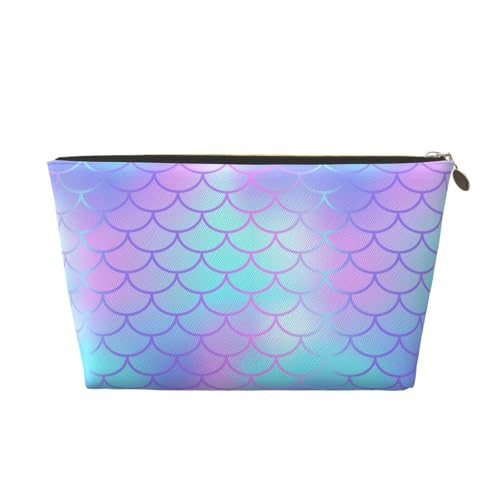VOSERY Make-up-Tasche aus Leder, Kosmetiktasche, Reise-Kulturbeutel für Damen, cooles blau-rosa Fischschuppen-Organizer, niedliche Make-up-Tasche, wasserdichte Make-up-Tasche von VOSERY