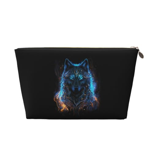 VOSERY Make-up-Tasche aus Leder, Kosmetiktasche, Reise-Kulturbeutel für Damen, cooles blaues Licht, Wolf, Make-up-Tasche, Organizer, niedliche Make-up-Tasche, wasserdichte Make-up-Tasche von VOSERY