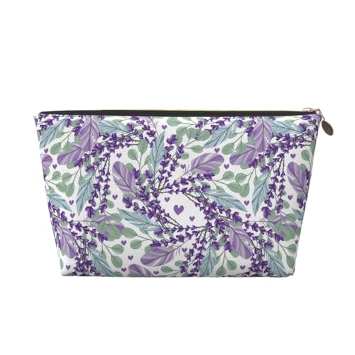 VOSERY Make-up-Tasche aus Leder, Kosmetiktasche, Reise-Kulturbeutel für Damen, grüne Blätter, Lavendelblüten, Make-up-Tasche, Organizer, niedliche Make-up-Tasche, wasserdichte Make-up-Tasche von VOSERY