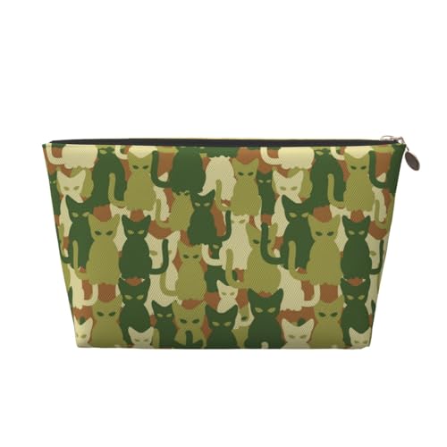 VOSERY Make-up-Tasche aus Leder, Kosmetiktasche, Reise-Kulturbeutel für Damen, grüne Katze, Camouflage-Make-up-Tasche, Organizer, niedliche Make-up-Tasche, wasserdichte Make-up-Tasche von VOSERY