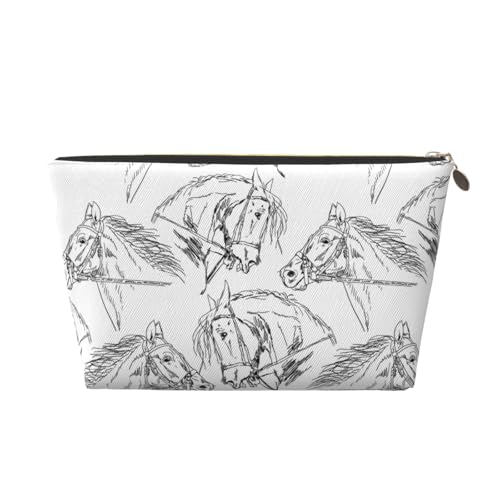 VOSERY Make-up-Tasche aus Leder, Kosmetiktasche, Reise-Kulturbeutel für Damen, handgezeichnete Linie, niedliches Pferd, Make-up-Tasche, Organizer, niedliche Make-up-Tasche, wasserdichte Make-up-Tasche von VOSERY