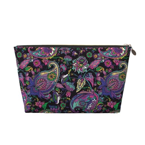 VOSERY Make-up-Tasche aus Leder, Kosmetiktasche, Reise-Kulturbeutel für Damen, lila-grüne Blume, Paisleymuster, Make-up-Tasche, Organizer, niedliche Make-up-Tasche, wasserdichte Make-up-Tasche von VOSERY