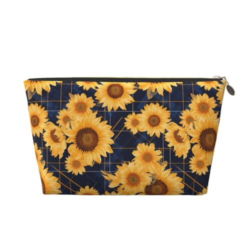 VOSERY Make-up-Tasche aus Leder, Kosmetiktasche, Reise-Kulturbeutel für Damen, marineblau, kariert, Sonnenblumen-Organizer, niedliche Make-up-Tasche, wasserdichte Make-up-Tasche von VOSERY