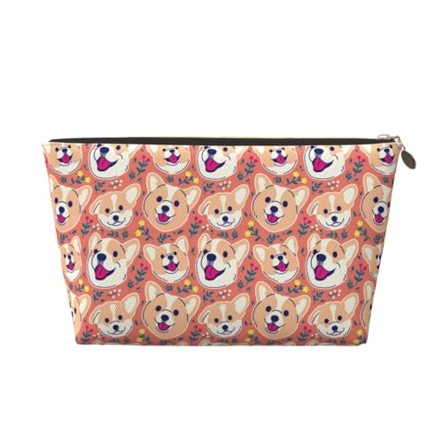 VOSERY Make-up-Tasche aus Leder, Kosmetiktasche, Reise-Kulturbeutel für Damen, niedlicher Corgi-Hunde-Blumen-Organizer, niedliche Make-up-Tasche, wasserdichte Make-up-Tasche von VOSERY