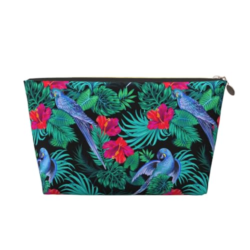 VOSERY Make-up-Tasche aus Leder, Kosmetiktasche, Reise-Kulturbeutel für Damen, niedlicher Papageien-Palmenblatt-Pflanzen-Organizer, niedliche Make-up-Tasche, wasserdichte Make-up-Tasche von VOSERY