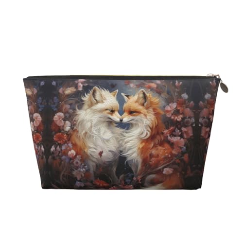 VOSERY Make-up-Tasche aus Leder, Kosmetiktasche, Reise-Kulturbeutel für Damen, romantische Blume, Fuchs, Paar, Make-up-Tasche, Organizer, niedliche Make-up-Tasche, wasserdichte Make-up-Tasche von VOSERY