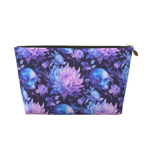 VOSERY Make-up-Tasche aus Leder, Kosmetiktasche, Reise-Kulturbeutel für Damen, rosa und weiß, Totenkopf-Blume, Make-up-Tasche, Organizer, niedliche Make-up-Tasche, wasserdichte Make-up-Tasche von VOSERY