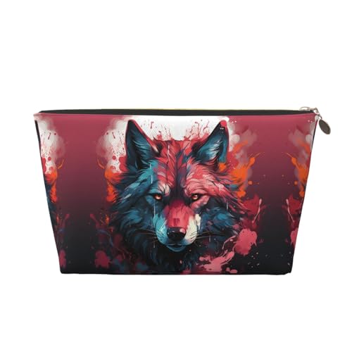 VOSERY Make-up-Tasche aus Leder, Kosmetiktasche, Reise-Kulturbeutel für Damen, rote Flamme, Wolfskopf, Make-up-Tasche, Organizer, niedliche Make-up-Tasche, wasserdichte Make-up-Tasche von VOSERY