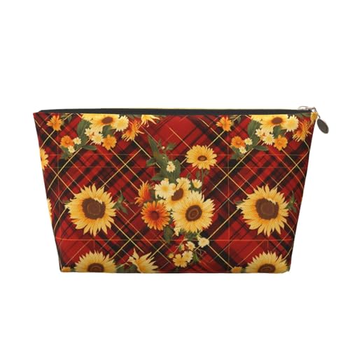 VOSERY Make-up-Tasche aus Leder, Kosmetiktasche, Reise-Kulturbeutel für Damen, rotes Karomuster, Sonnenblumen-Organizer, niedliche Make-up-Tasche, wasserdichte Make-up-Tasche von VOSERY