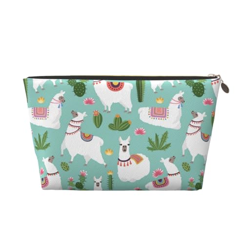 VOSERY Make-up-Tasche aus Leder, Kosmetiktasche, Reise-Kulturbeutel für Damen, weiß, niedlicher Alpaka-grüner Kaktus, Make-up-Tasche, Organizer, niedliche Make-up-Tasche, wasserdichte Make-up-Tasche von VOSERY