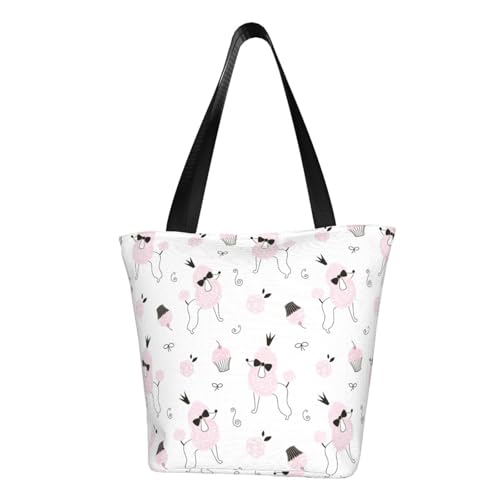 VOSERY Tragetasche für Damen, Cartoon-süßer Pudelhund, rosa Kuchen, Tragetasche mit Reißverschluss und Innentaschen, ästhetische Schulterhandtaschen von VOSERY