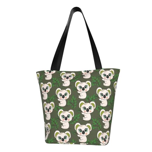 VOSERY Tragetasche für Damen, grünes Blattmuster, große Augen, Koala-Tragetasche mit Reißverschluss und Innentaschen, ästhetische Schulterhandtaschen von VOSERY