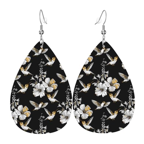 Weiße Blumen Kolibri-Ohrringe für Damen, bunte Tropfenform, Leder-Ohrringe für Damen, trendig, Tropfenohrringe, Schmuck von VOSERY