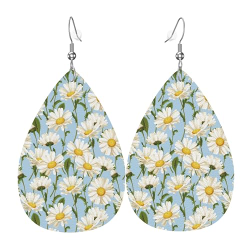 Weiße Gänseblümchen-Ohrringe für Damen, bunte tropfenförmige Leder-Ohrringe für Damen, trendig, Tropfenohrringe, Schmuck Weiße Gänseblümchen-Ohrringe für Damen, bunte tropfenförmige Leder-Ohrringe für Damen, trendig, Tropfenohrringe, Schmuck von VOSERY