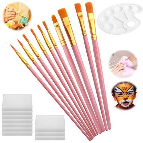 VOSSOT 10 Stück Schminkpinsel Set, Pinselset für Körperbemalung Anfänger und Gemälde Liebhaber mit 10 Schwamm und eine Palette, Malpinsel Set für Faschings und Halloween Schminke Theaterschminke von VOSSOT